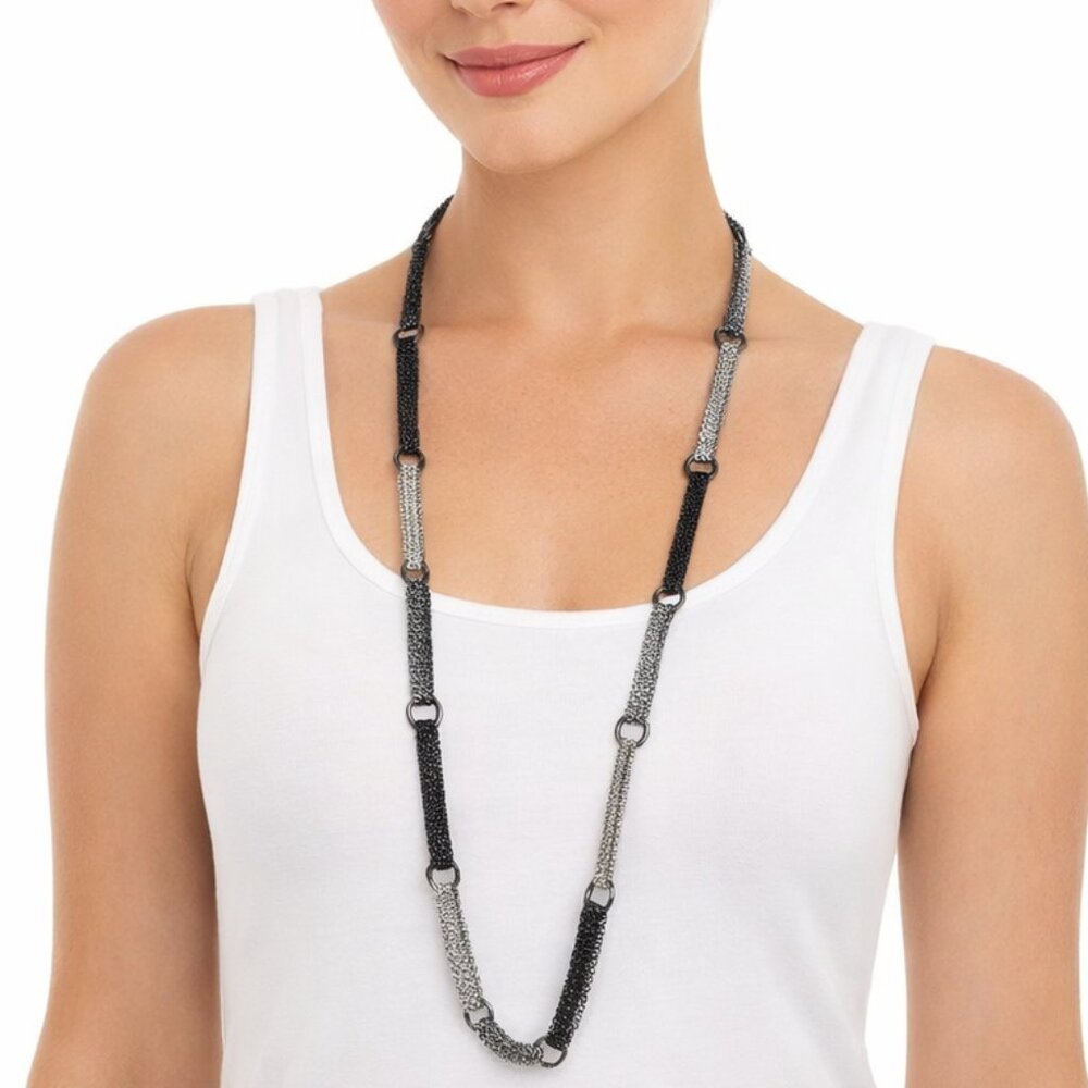 Long Multi-Strand Mixed Metal Chain Necklace Silver Gunmetal Edgy Statement